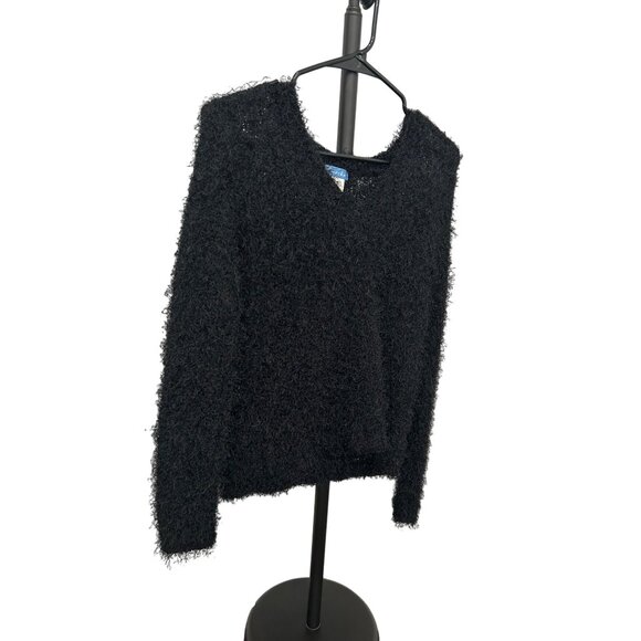 Fraiche Black Fuzzy Knit Long Sleeve Scoop Neck Sweater Size S - Picture 3 of 8
